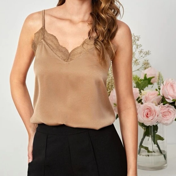 Boho Tan Lace Trim Camisole Top - Picture 2 of 5